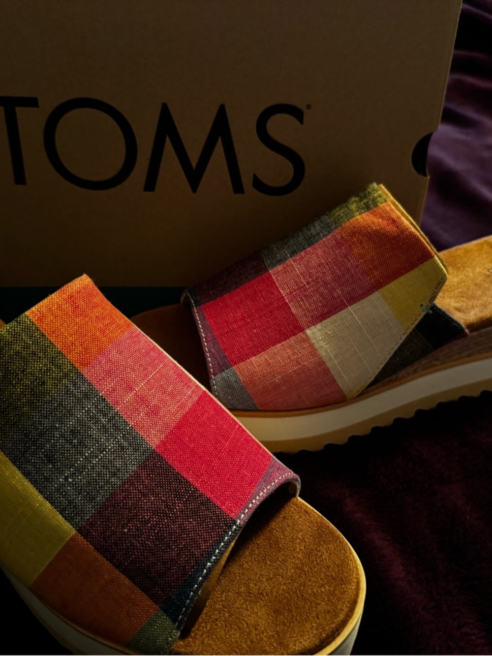 Toms Multicolor Plaid Platform Sandals - Red, Orange, Yellow, Green, Brown